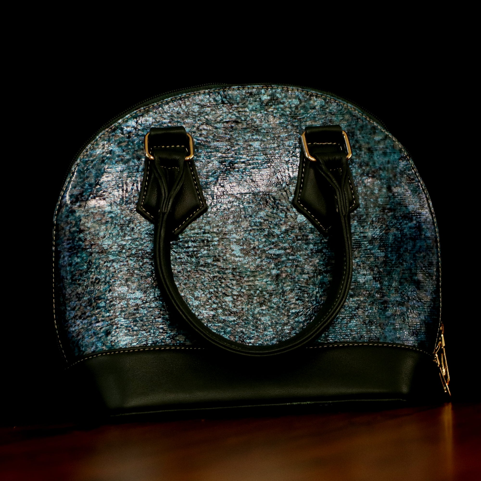 Oceanic Teal & Black Textures Dome Leather Handbag