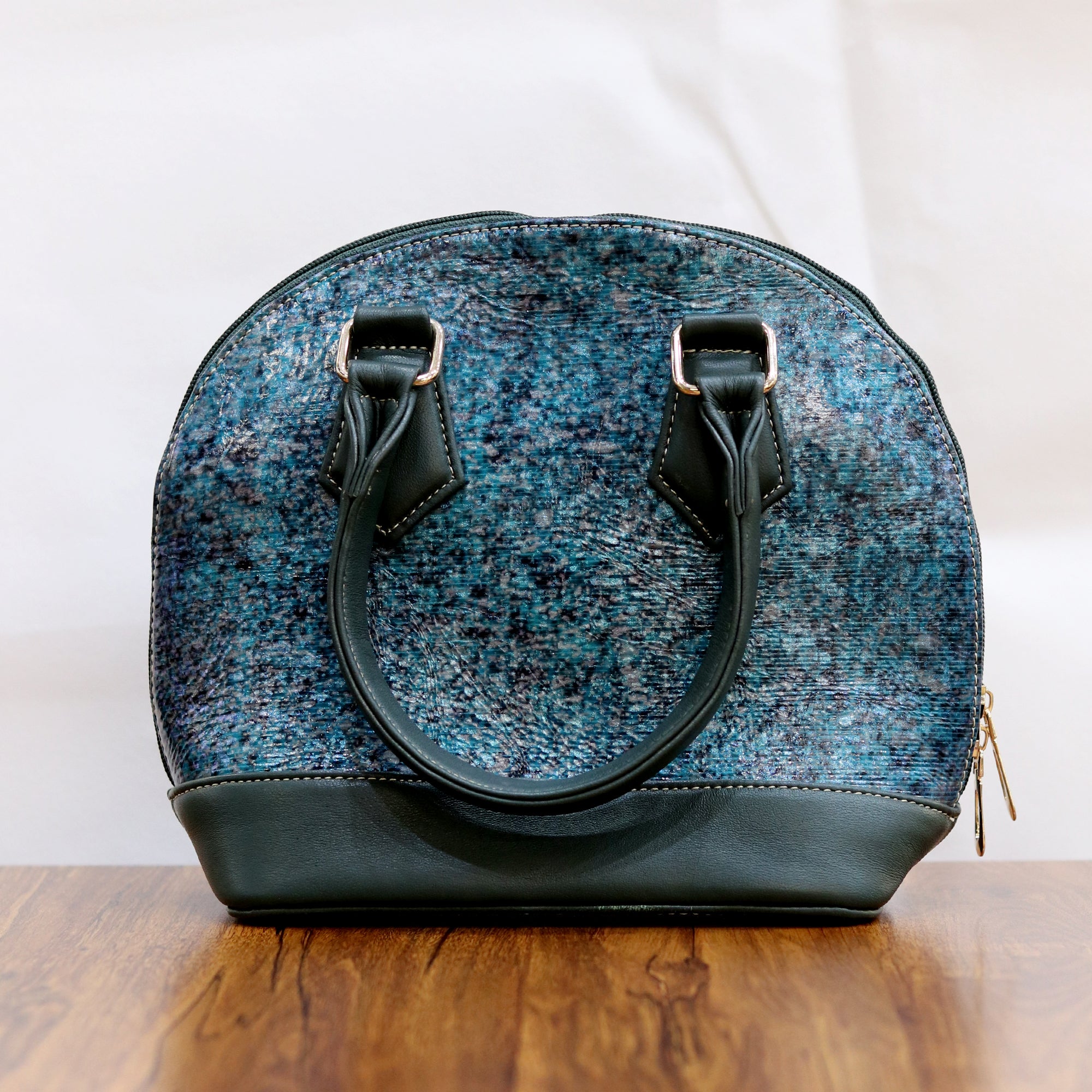 Oceanic Teal & Black Textures Dome Leather Handbag